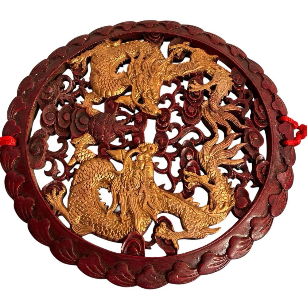 Decorative Chinese Dragon Wall Hanger W/ 2 Gold Dragons Resin Carving 11” Across
